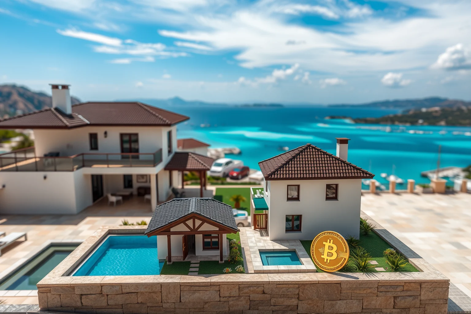 Kuzey Kıbrıs'ta ikiz villa dış görünümü ve bahçe alanı